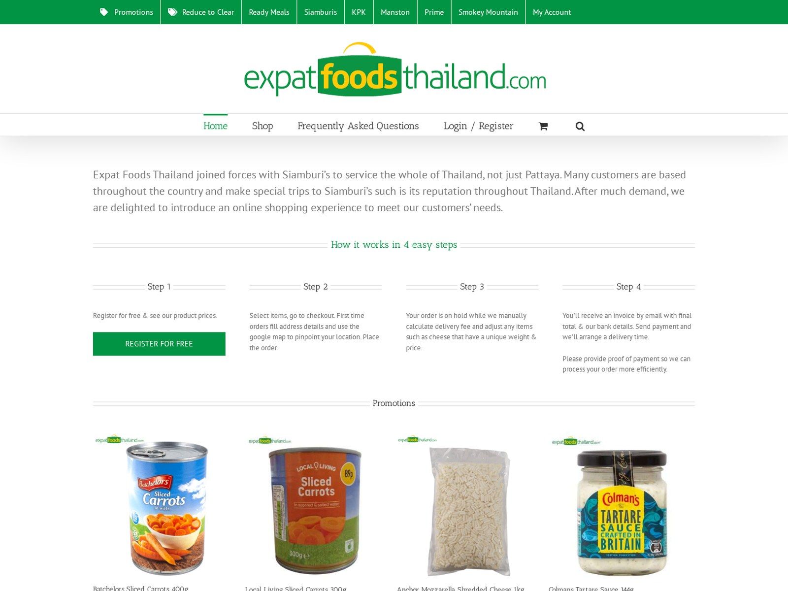 The Expat Foods Thailand online shop home page showing the ordering steps and product promotions